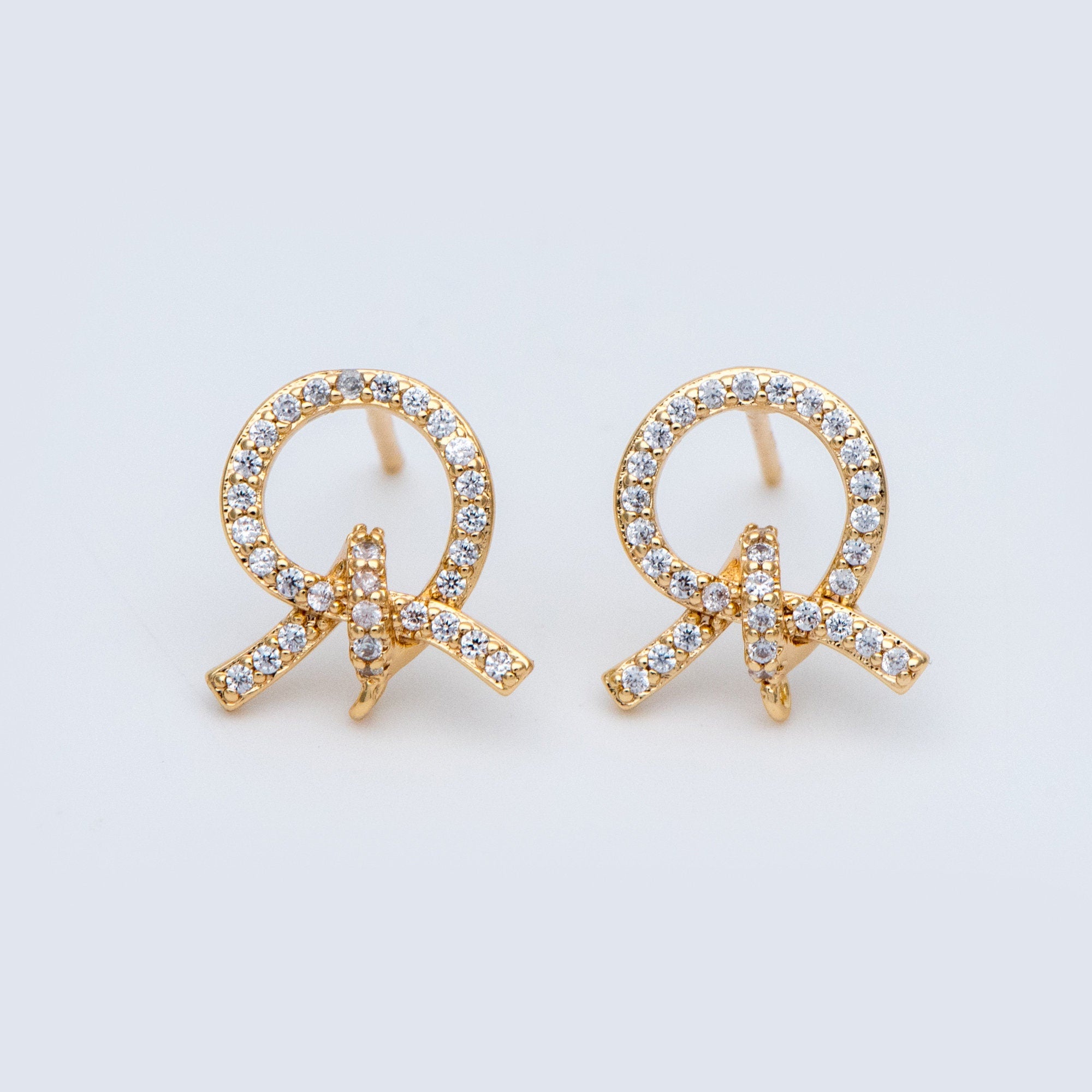 4pcs CZ Pave Gold Ear Post, Bowknot Stud Earring with Loop (#GB-747)